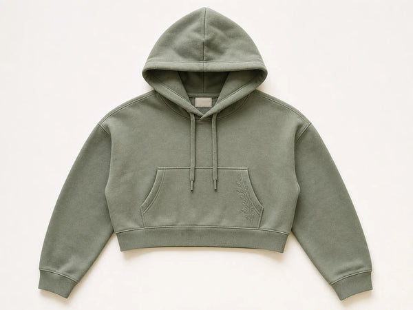 Custom cropped hoodie in sage green heavyweight fleece, front flat lay