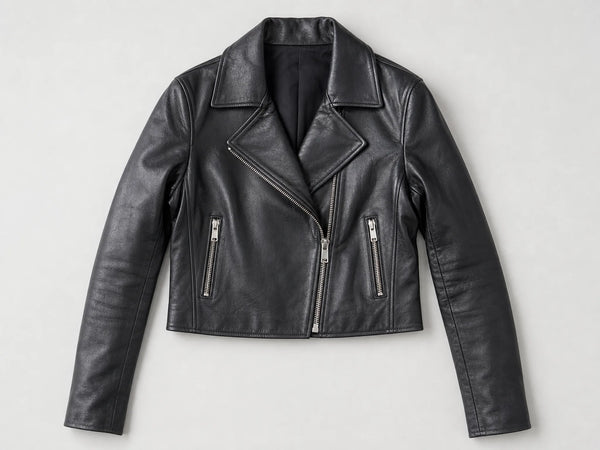 Custom black cropped leather biker jacket, front flat lay