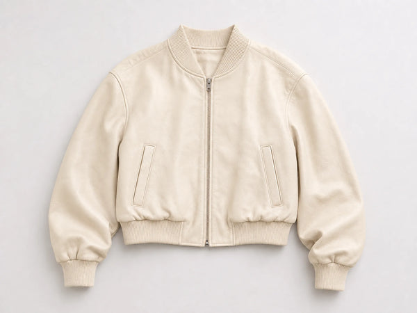 Custom cream cropped leather bomber jacket, front flat lay
