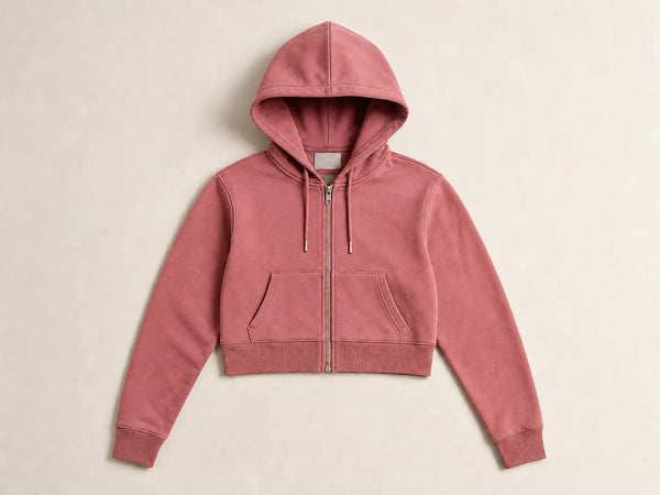 Custom cropped zip hoodie in dusty rose heavyweight fleece, front flat lay