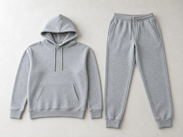 Custom grey marl cuffed jogger set with hoodie and pants, front flat lay