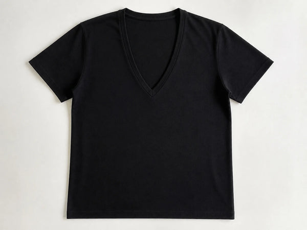 Custom deep V-neck T-shirt in black cotton jersey, front flat lay