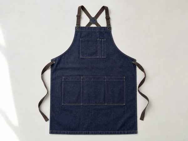 Custom indigo denim apron with utility pockets, front flat lay