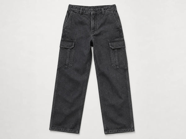 Custom charcoal denim cargo trousers, front flat lay