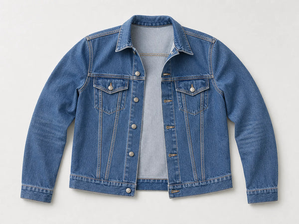 Custom mid-blue denim jacket, front flat lay
