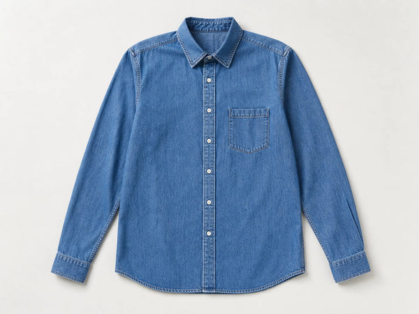 Custom mid-blue denim shirt, front flat lay