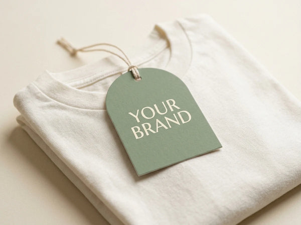 Die-cut arch-shaped hang tag in sage green with cotton string — custom hang tag shapes for private label clothing