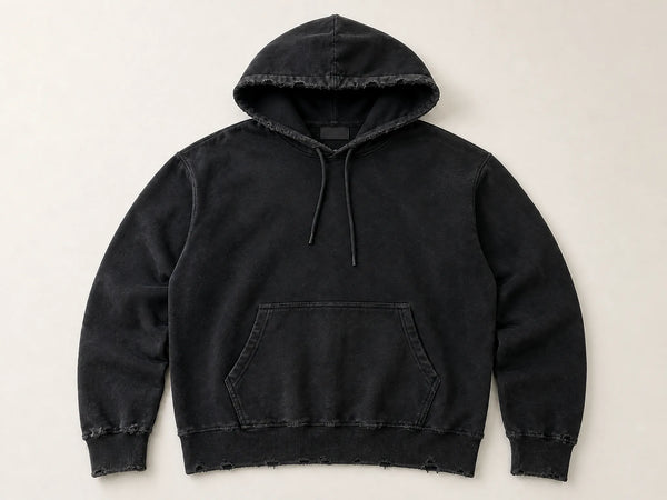 Custom distressed hoodie in washed black heavyweight fleece, front flat lay