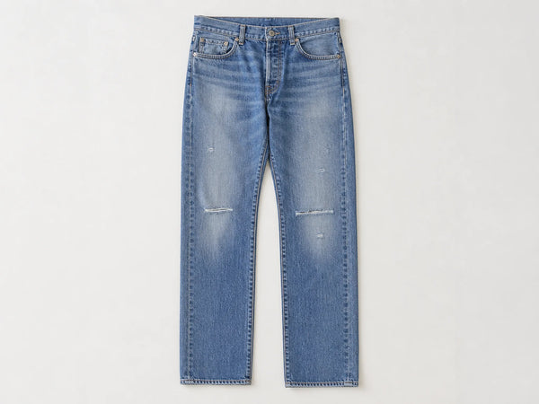 Custom washed blue distressed jeans, front flat lay