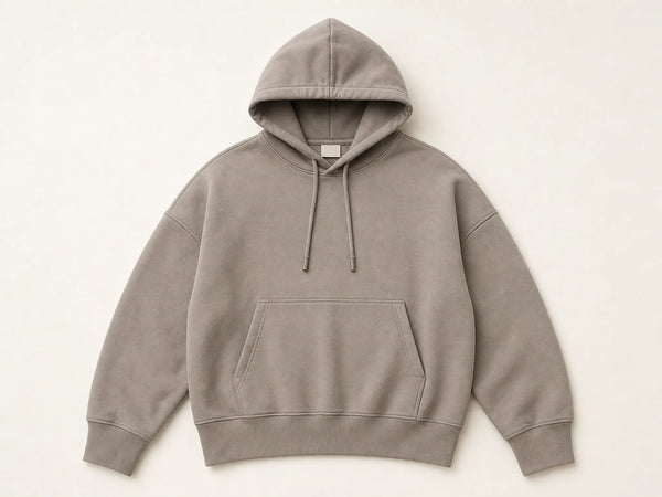 Custom drop-shoulder hoodie in stone grey fleece, front flat lay