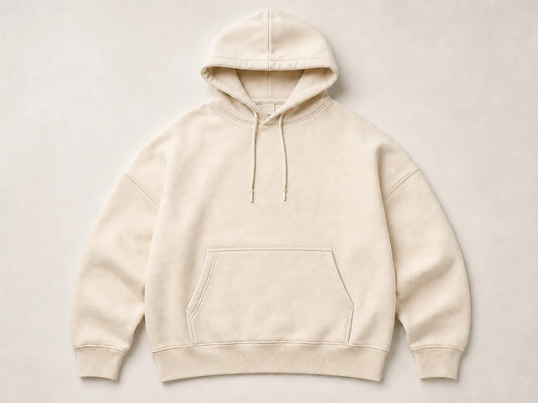 Custom drop-shoulder oversized hoodie in cream heavyweight fleece, front flat lay