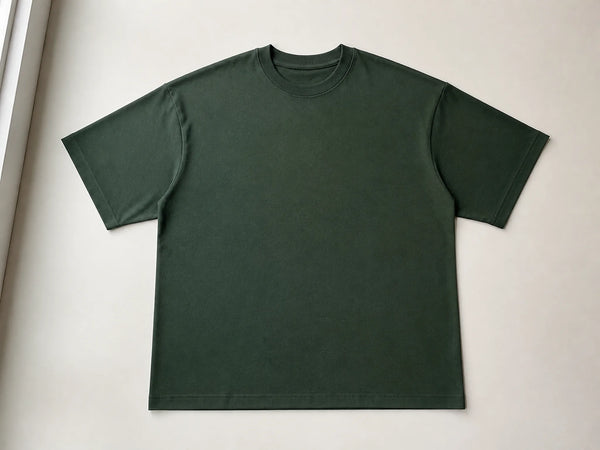 Custom drop-shoulder T-shirt in forest green heavyweight cotton, front flat lay