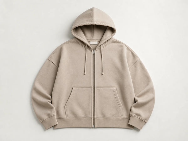 Custom drop-shoulder zip hoodie in stone beige fleece, front flat lay