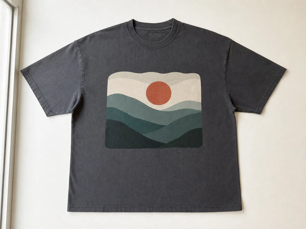 Custom charcoal T-shirt with abstract landscape DTF print, front flat lay