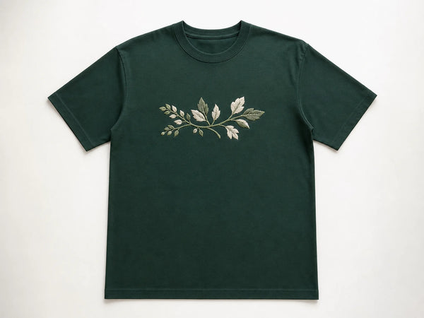 Custom forest green T-shirt with botanical chest embroidery, front flat lay