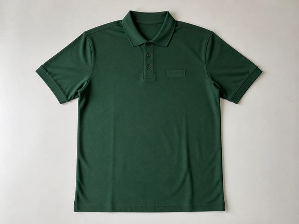 Custom forest green work polo with plain embroidery area, front flat lay