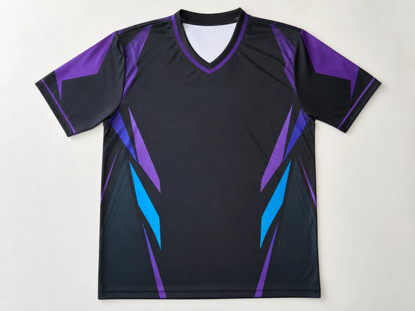 Custom black and purple esports jersey with abstract panels, front flat lay