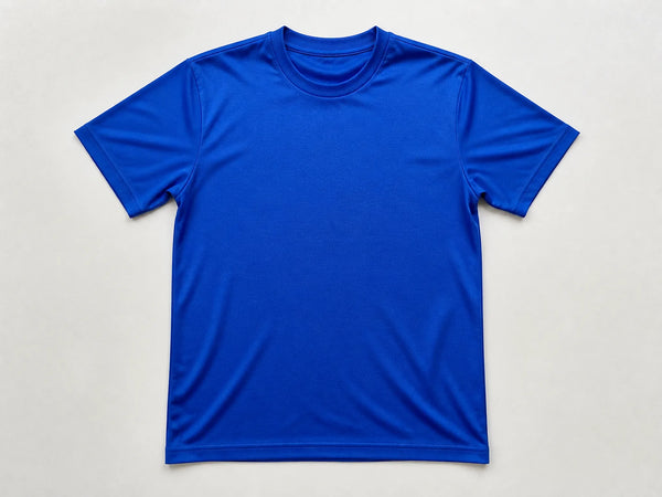 Custom cobalt event staff T-shirt with blank chest, front flat lay