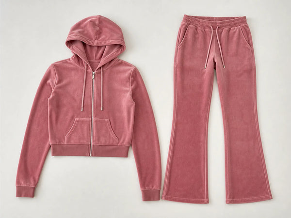 Custom dusty rose flared jogger set with zip hoodie and pants, front flat lay