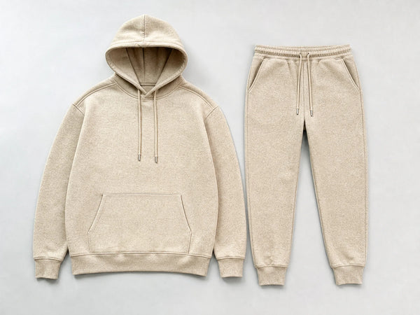 Custom oatmeal fleece tracksuit with pullover hoodie and cuffed joggers, front flat lay