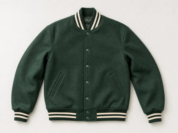 Custom forest-green classic wool varsity jacket, front flat lay