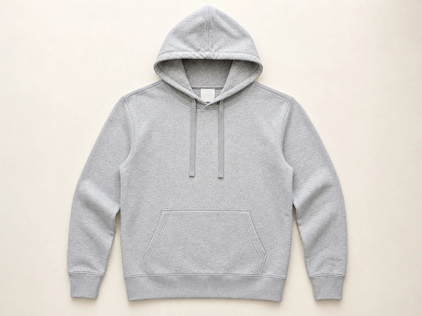 Custom French terry hoodie in heather grey, front flat lay