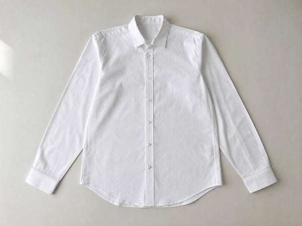 Custom white front-of-house shirt, front flat lay