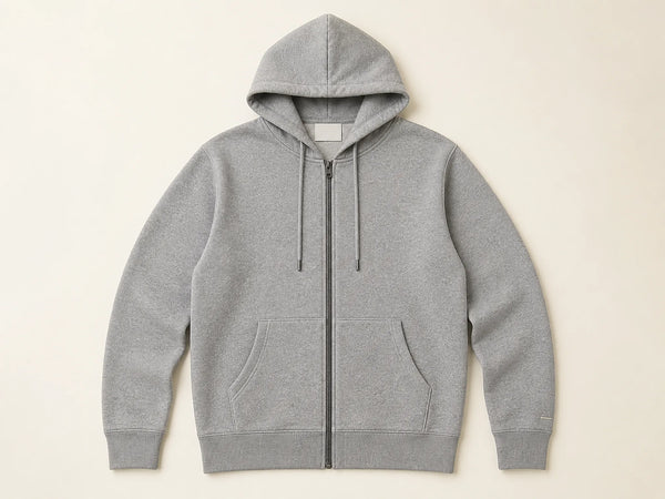Custom full-zip hoodie in heather grey heavyweight fleece, front flat lay