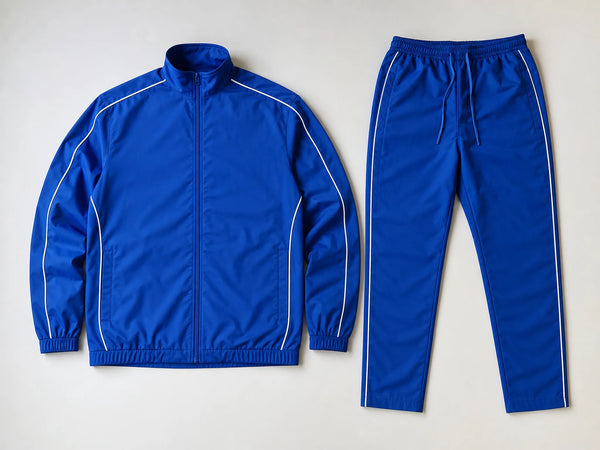 Custom royal blue full-zip track jacket set with tapered pants, front flat lay