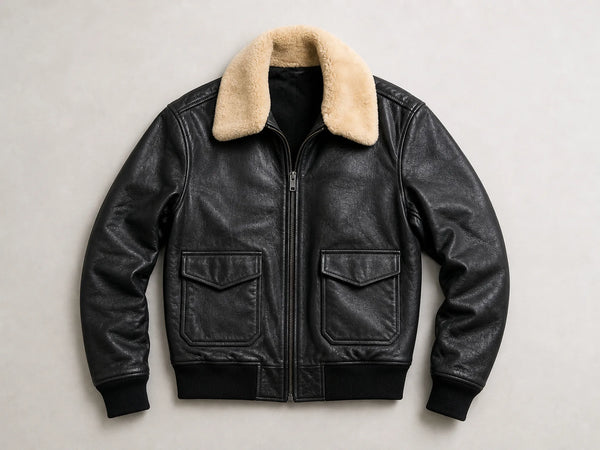 Custom black leather aviator jacket with fur collar, front flat lay