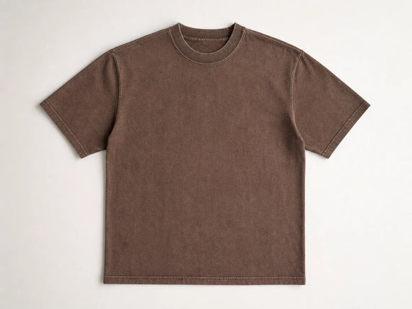 Custom garment-washed heavy T-shirt in faded brown cotton, front flat lay