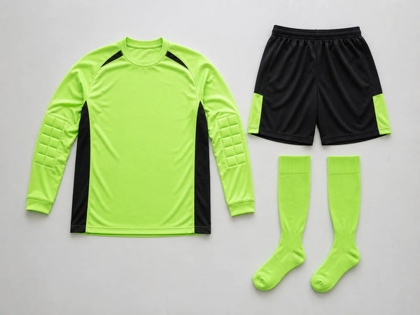 Custom neon lime goalkeeper kit with padded jersey and black shorts, front flat lay