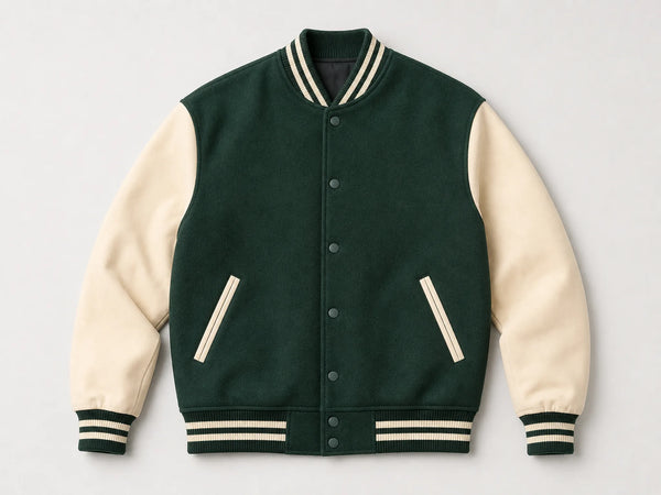 Custom green and cream club varsity jacket, front flat lay