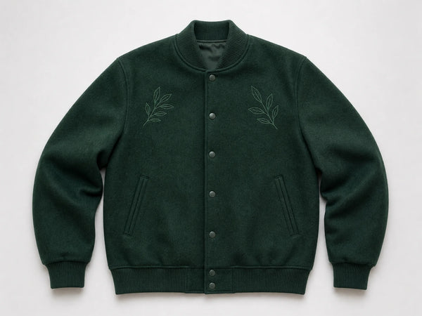 Custom green embroidered varsity jacket, front flat lay