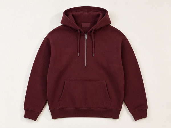 Custom half-zip hoodie in burgundy heavyweight fleece, front flat lay