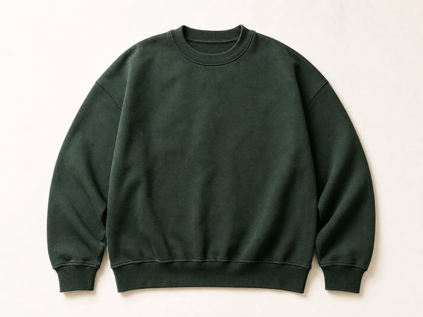 Photorealistic product mockup of a blank washed forest green 500 GSM boxy crewneck sweatshirt viewed overhead.