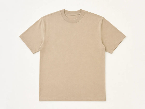 Custom heavyweight cotton T-shirt in sand beige, front flat lay