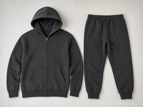 Custom charcoal heavyweight fleece tracksuit with zip hoodie and joggers, front flat lay