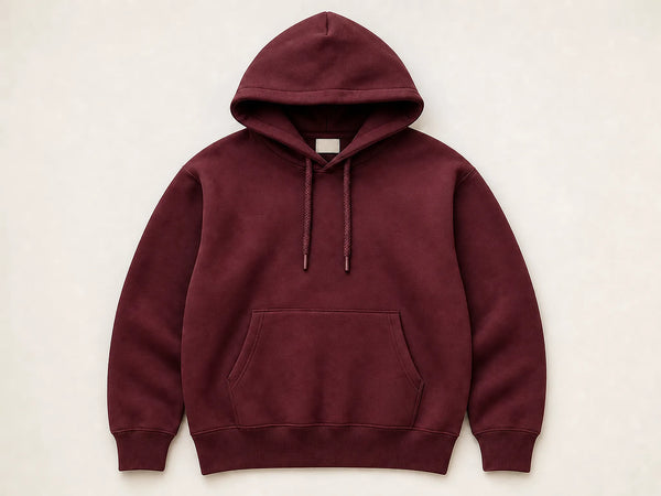Custom heavyweight hoodie in burgundy heavyweight fleece, front flat lay