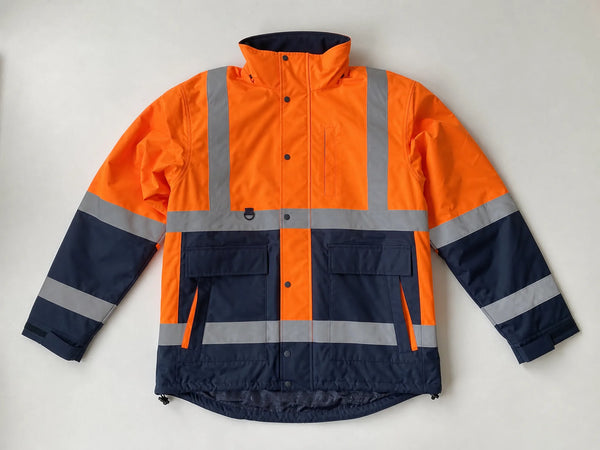 Custom orange and navy hi-vis work jacket, front flat lay