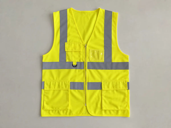 Custom fluorescent yellow hi-vis safety vest, front flat lay