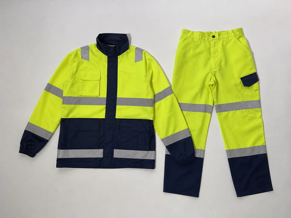 Custom yellow and navy hi-vis workwear set, front flat lay