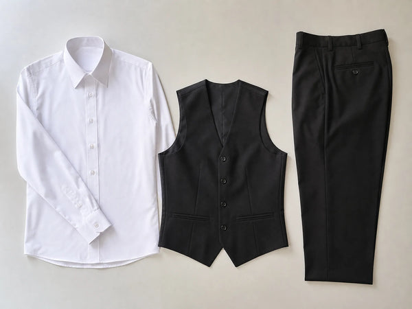 Custom black and white hospitality uniform set, front flat lay
