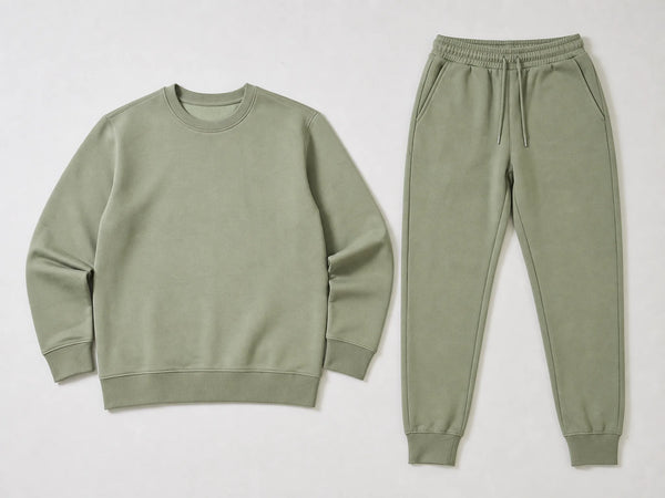 Custom sage green jogger set with crew sweatshirt and cuffed pants, front flat lay
