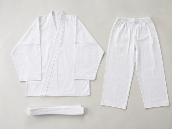 Custom white karate gi with jacket, trousers and belt, front flat lay