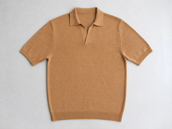 Custom knitted polo shirt in tan cotton knit, front flat lay
