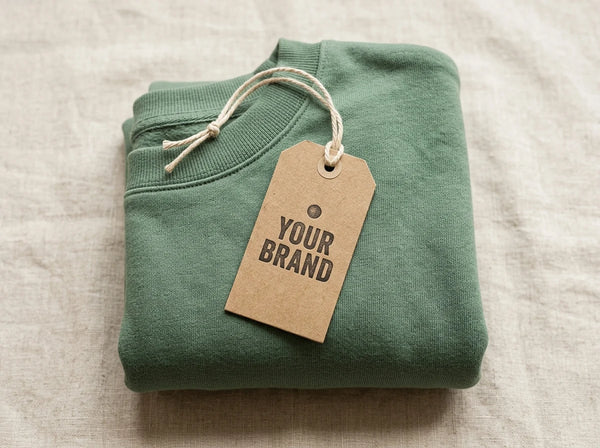 Custom kraft hang tag with letterpress logo on a sage sweatshirt — private label hang tags by DenimByte