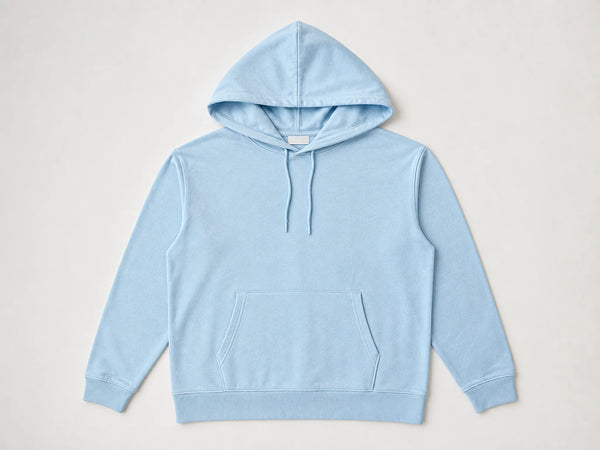 Custom lightweight summer hoodie in pale sky-blue French terry, front flat lay