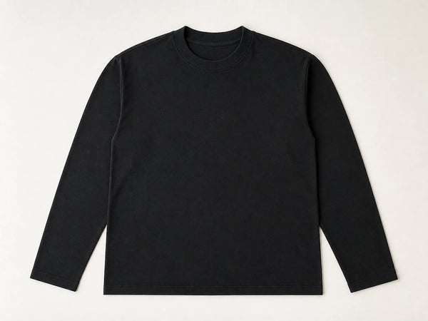 Custom long-sleeve crew T-shirt in black heavyweight cotton, front flat lay