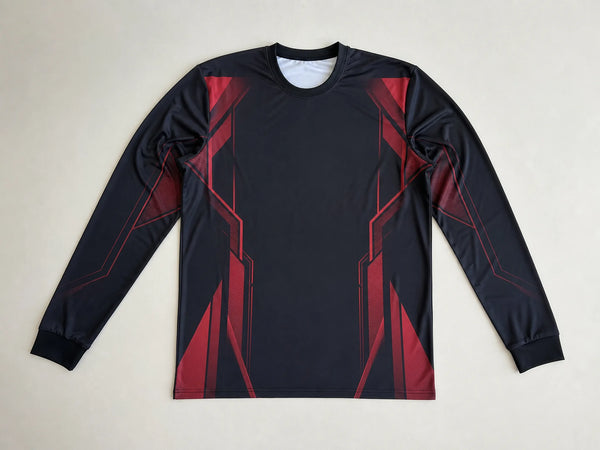 Custom black and red long-sleeve esports jersey, front flat lay